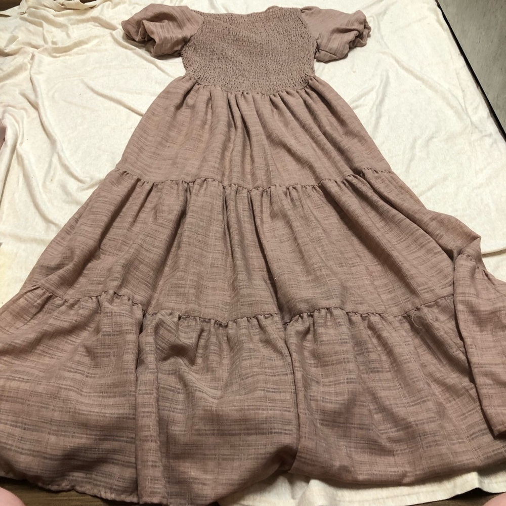 Milkmaid Peasant Style Smocked Dress w/ Tiered Skirt Flowy Cottagecore Feminine - Picture 9 of 10